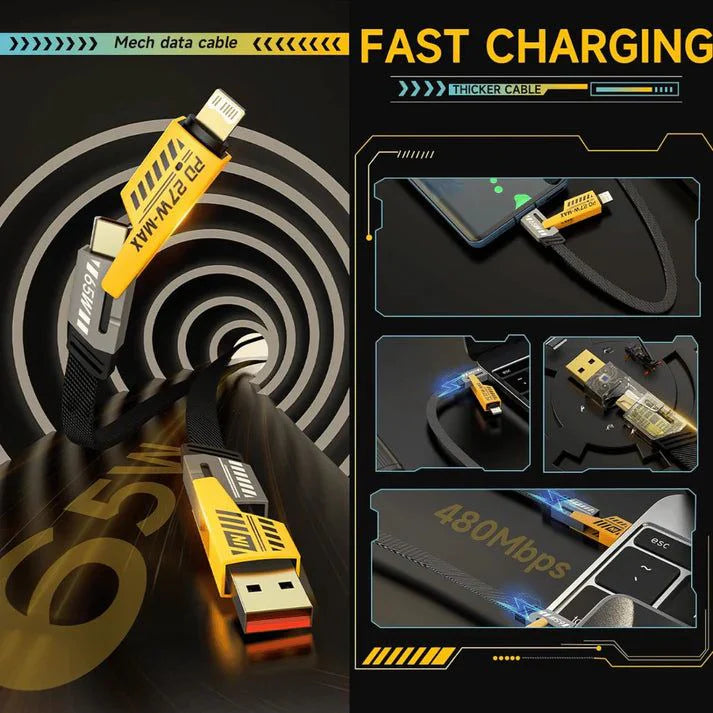 4-in-1 Metal Charging Cable – Transformer Edition | 65W Fast Charge | Type-C, iPhone, Micro USB