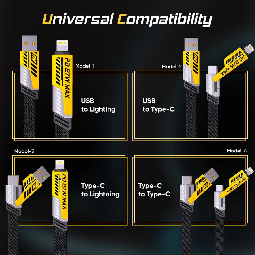 4-in-1 Metal Charging Cable – Transformer Edition | 65W Fast Charge | Type-C, iPhone, Micro USB